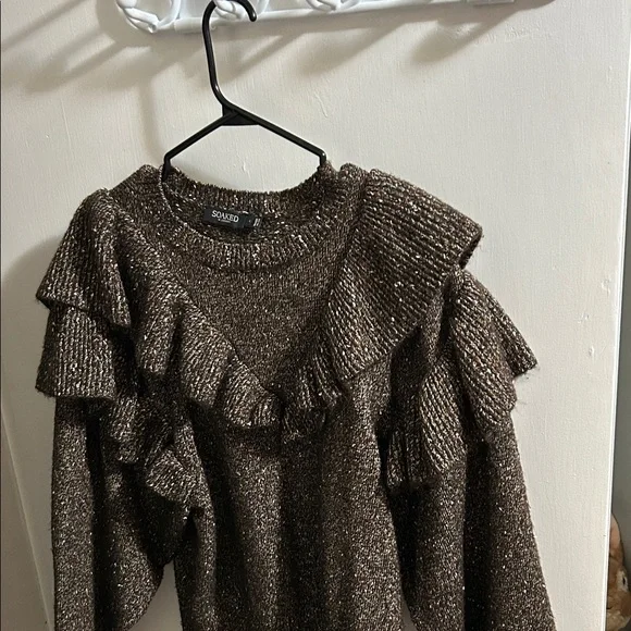 Solid Brown Ruffled Knit Sweater - Picture 4 of 9
